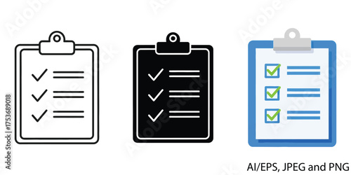 Vector art of checklist icons, representing tasks, todo lists, and completed items