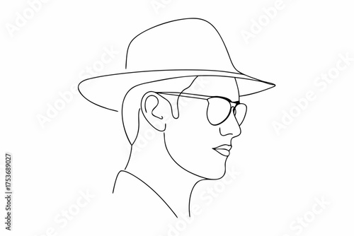 Line art illustration of a man in hat and sunglasses profile