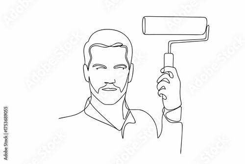 Line art of a painter holding a paint roller portrait vector