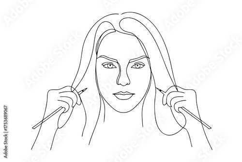 Line art portrait of a beautiful woman holding art supplies