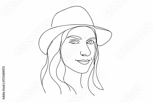 Line Art Portrait of Woman with Hat Minimalist Style Design