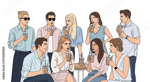 Diverse group of young adults enjoying iced beverages together.