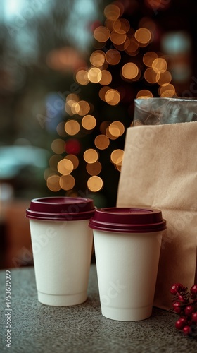 Enjoying Coffee by the Christmas Tree With Festive Decorations in the Background