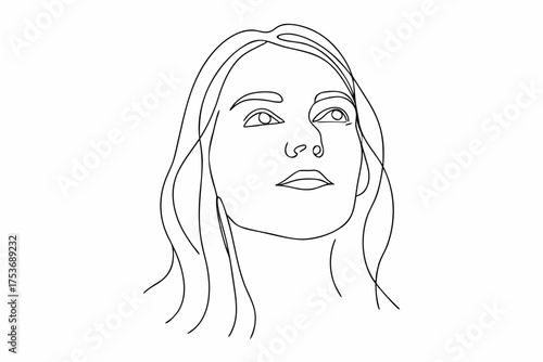 Minimalist line art portrait of a young woman looking up thoughtfully