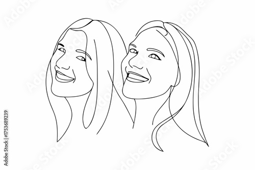 Minimalist portrait of two smiling women with long hair drawing
