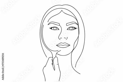 Minimalist woman face applying makeup black outline on white background