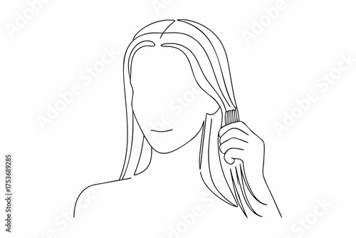 Woman combing her long straight hair vector illustration simple outline