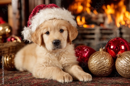 Golden Retriever Puppy Wearing a Christmas Hat by the Fireplace With Festive ...