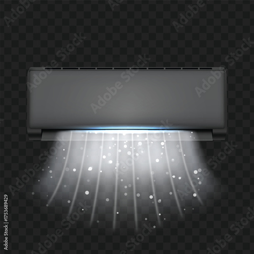 Black air conditioner icon with air flow, particles, and a glow effect.