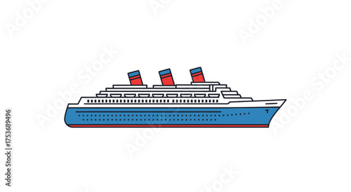 Cartoon Cruise Ship Illustration with Blue Hull and Red Smokestacks.