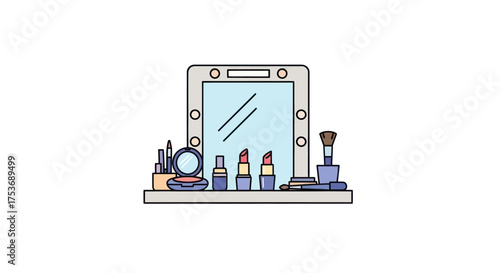 A flat vector illustration of a makeup vanity with a lighted mirror lipsticks powder and brushes.
