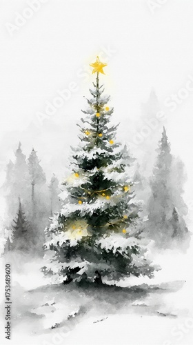 Winter Scene With a Decorated Christmas Tree in a Snowy Forest Setting