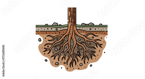 Detailed illustration of tree roots and trunk cross-section in soil.