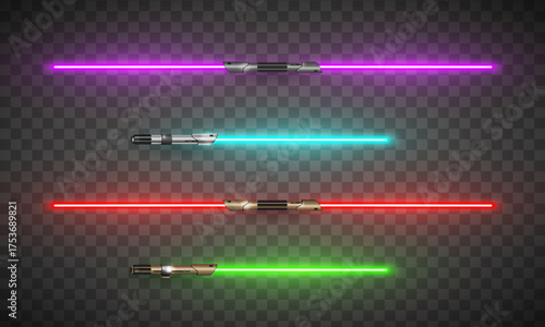 New realistic design laser neon weapons pack on transparent background. Glowing swords. Vector illustration