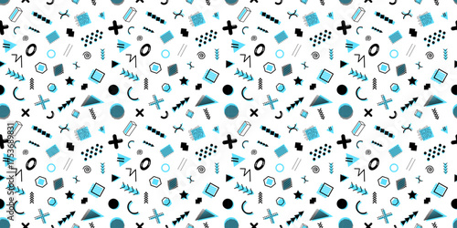 Cyan and black memphis style geometric shapes seamless texture background. 90s trendy pattern. Minimalistic abstract. Vector illustration