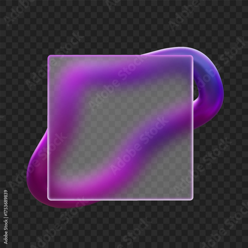 3D square frame in glass morphism style, transparent matt plate for text space with purple floating ring UI UX vector
