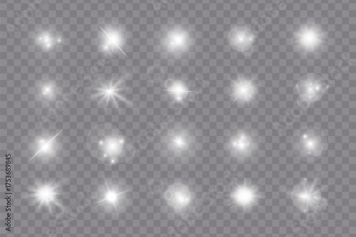 Realistic white shine and glow effects big pack isolated on transparent background. Sparkles and explosion effects. Stars and light beams. Vector illustration