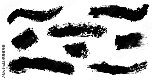 Hand drawn black vector brushes pack isolated on white. Detailed paint splashes. Grungy stripes pattern. Vector illustrator