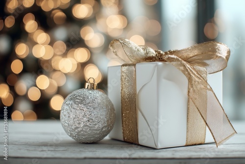 Holiday Gift Box With Silver Ornament and Bokeh Background of Festive Lights