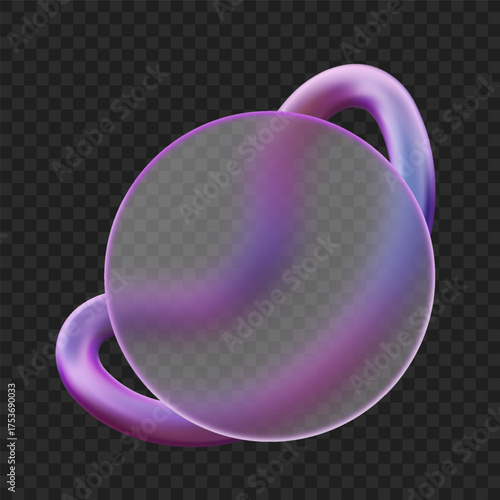 3D round frame in glass morphism style, vector transparent matt circle plate text space with purple floating ring UI UX