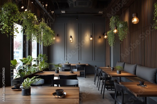 Cozy Modern Cafe Interior With Hanging Plants and Warm Lighting in the Evening
