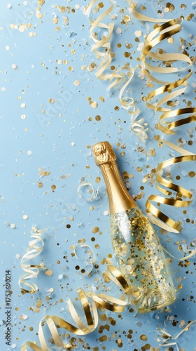 Celebrating With Sparkling Drink and Confetti on Blue Background