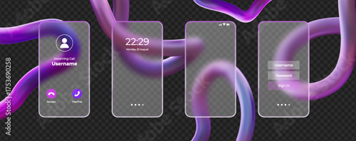 Smartphone screen widgets 3D frames in glass morphism style, transparent matt rectangle plate with purple floating shape