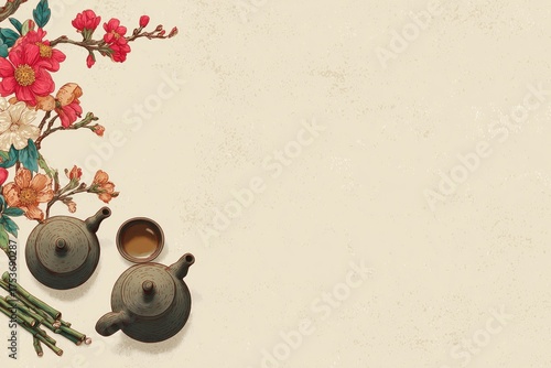 Elegant Tea Setting With Floral Decorations, Showcasing Teapots and a Cup Dur...