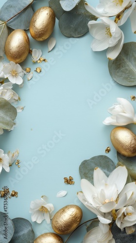 Elegant Spring Arrangement With Golden Eggs and White Flowers on a Soft Blue ...