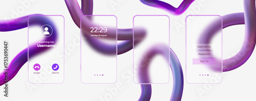 3D glass smartphone screen panels with smooth geometric shapes, purple, in a morphic style.