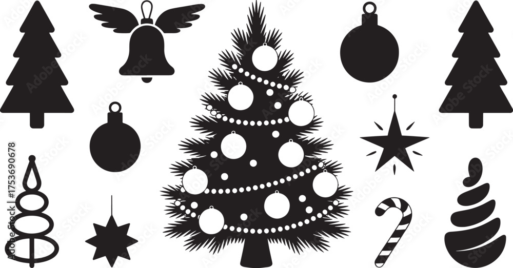 Naklejka premium Christmas Tree and Holiday Icon Silhouette Set – Black Festive Decorations with Ornaments, Bells, Stars, and Candy Canes for Winter Greeting Cards, Stickers, T-shirt, and Poster Designs