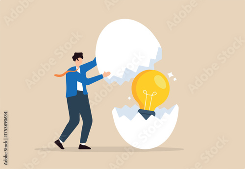 Flat illustration businessman lifting cracked eggshell revealing glowing lightbulb inside symbolizing startup idea