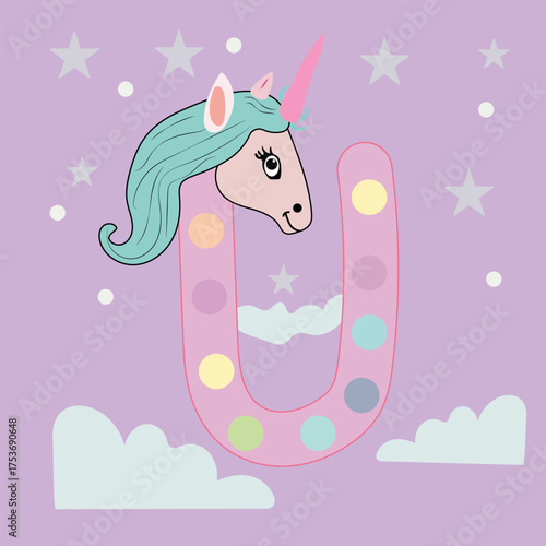 Cute unicorn letter U illustration for kids learning