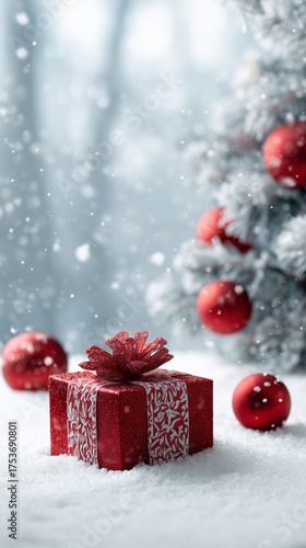 Beautiful Red Gift Box in Snow With Christmas Tree in Background and Gentle S...