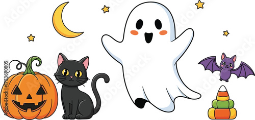 Vector art of halloween black cat, ghost, pumpkin, bat, and candy corn isolated