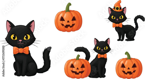 Vector art of cute cartoon black cat and pumpkins