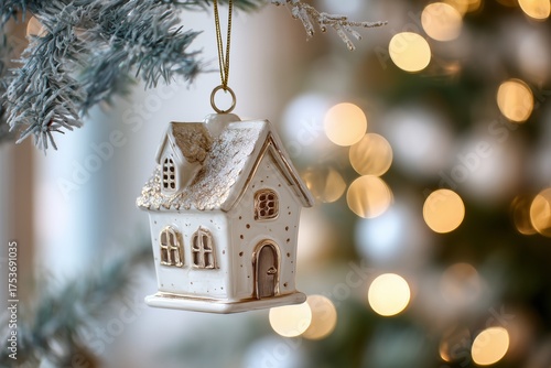 A Delicate House-Shaped Ornament Hangs From a Snowy Fir Tree Branch