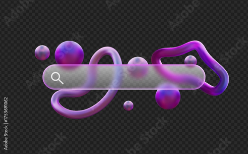 Futuristic 3D search bar interface with gradient purple liquid shapes and morphic effects.
