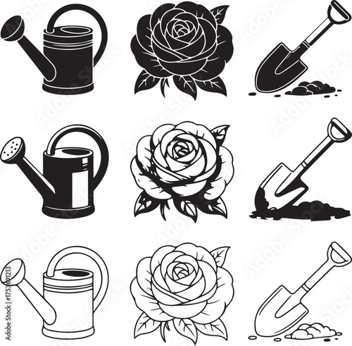 Set of Nine Detailed Garden Icons with Transparent Background gardening tools shovel