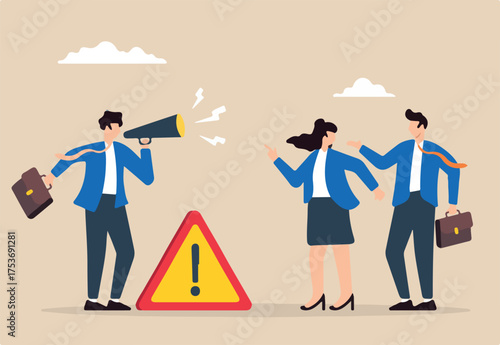 Flat illustration of businessman shouting into megaphone with exclamation sign warning colleagues about safety risks and important information