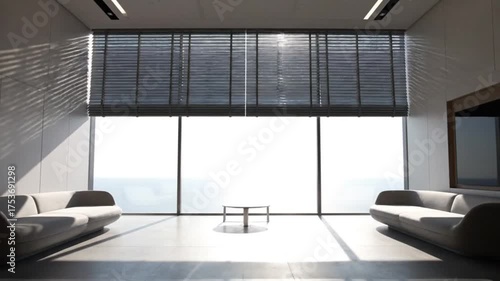 Automated Roller Blinds Opening and Closing in a Modern Minimalist Living Room.