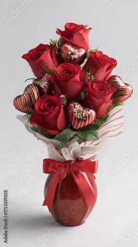 Beautiful Red Roses in a White Vase With Heart-Shaped Chocolates for a Romant...