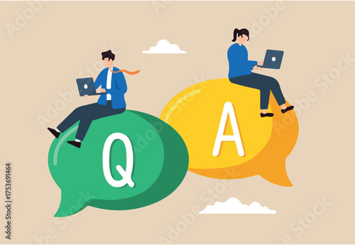 Flat illustration of business people work on dialog with question and answer speech bubbles addressing FAQ
