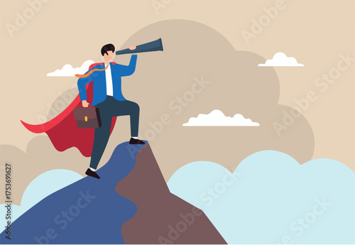 Flat illustration of superhero businessman in cloak look on telescope from mountain peak searching new career goal discovery opportunity business vision to see success journey future job