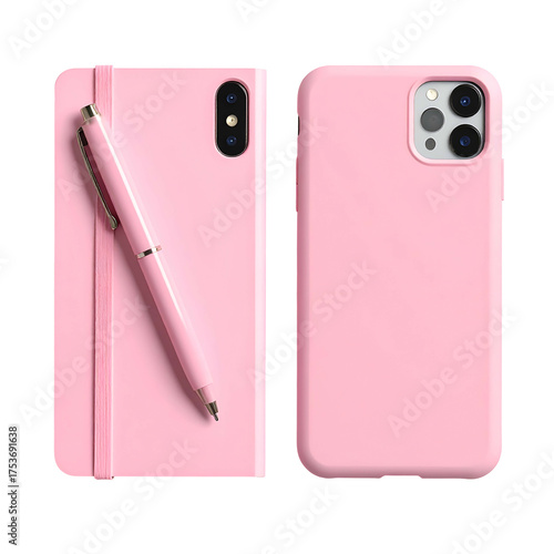 Two pink phone cases one with a pen, the other a simple back. Black background