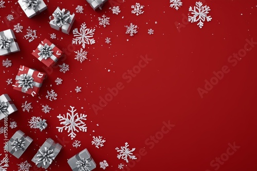 Silver Gifts and Snowflakes Create a Festive Scene on a Bright Red Background...