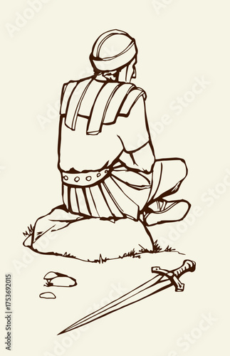 Vector drawing. Old roman Soldier resting on the stone