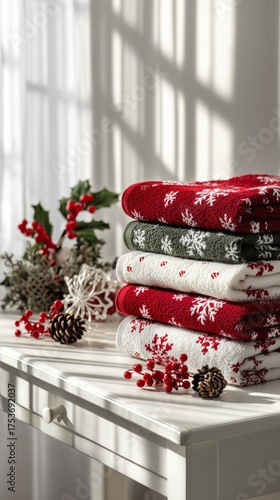 Stacked Holiday Towels With Snowflake Patterns on a Table Decorated for Winte...