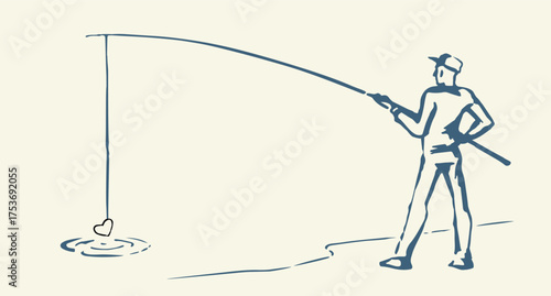 Vector drawing. Man catching fish