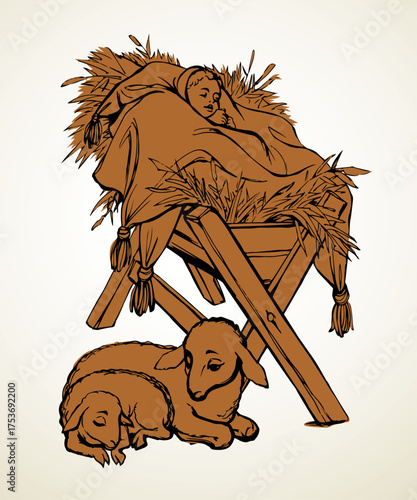 Vector drawing. Baby in a manger